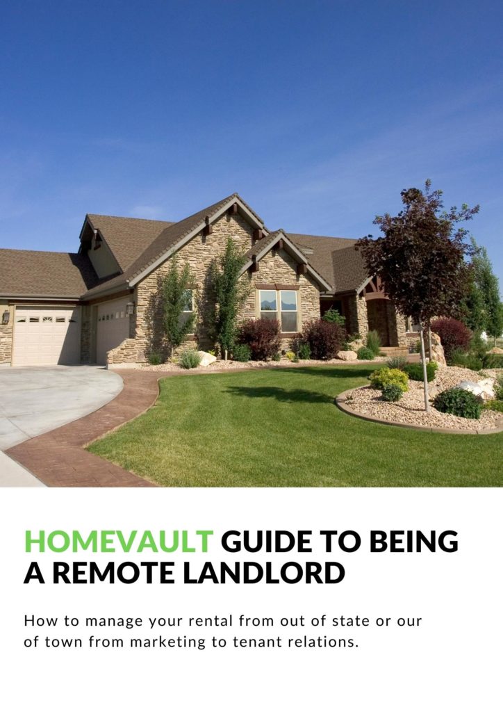 The cover of the HomeVault Guide to Being a Remote Landlord in PDF format, featuring the title, subtitle, and a rental property picture